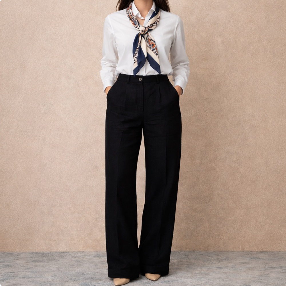 Subtitled Pants I 100% Linen Wide-Leg Pants | High Waist I Cuffed Hem Size M